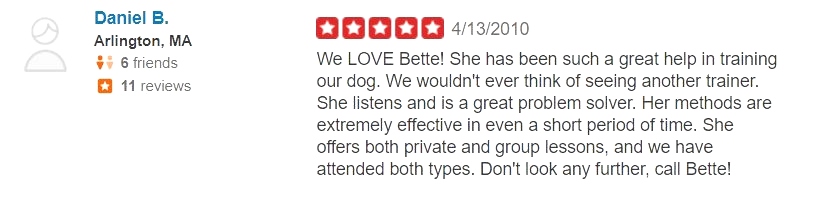 What kind of dog trainer is Bette Yip? See what previous students say! Private Dog Training 